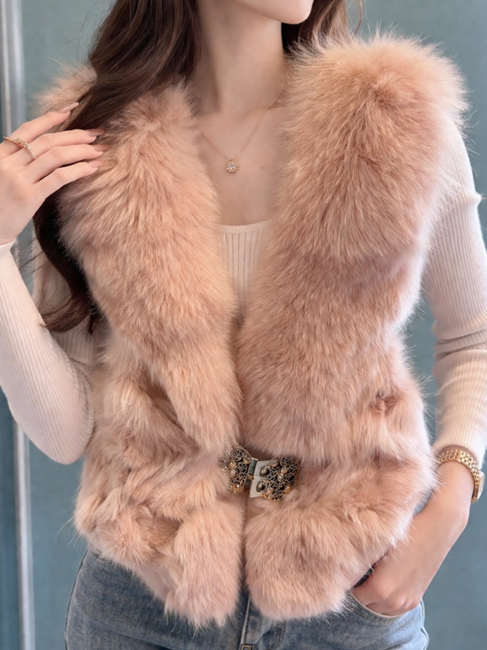 Vintage Blush Fox Fur Vest | Soft Luxe | Statement Buckle - Picture 2 of 11